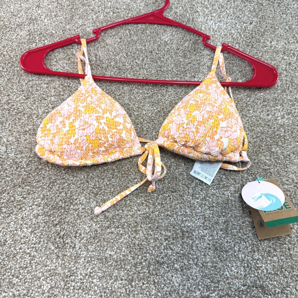 Volcom Coco Tri Smocked Floral Bikini Top Orange Yellow Medium NEW Swim Surfer